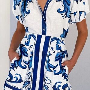 Blue and White Patterned Blouse